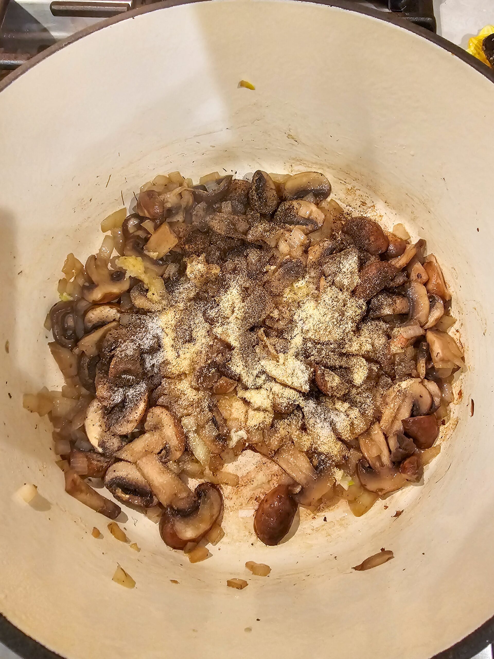 ADD THE ONIONS AND GARLIC AND SPICES TP TO THE POT