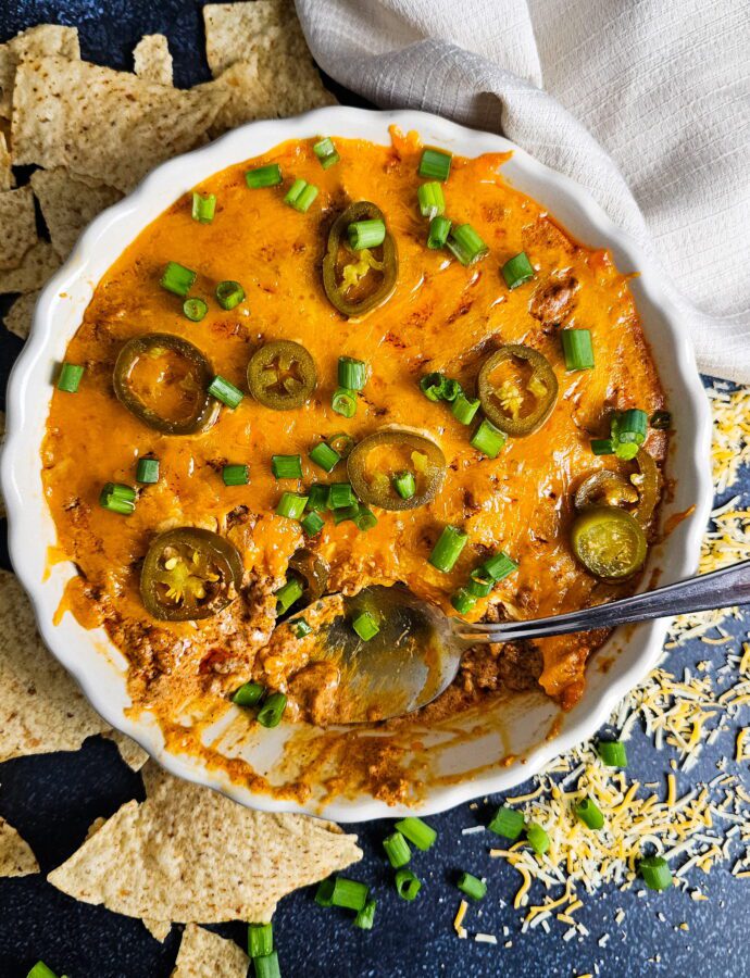 The Ultimate Beefy Chili Cheese Dip (Game Day Appetizer)