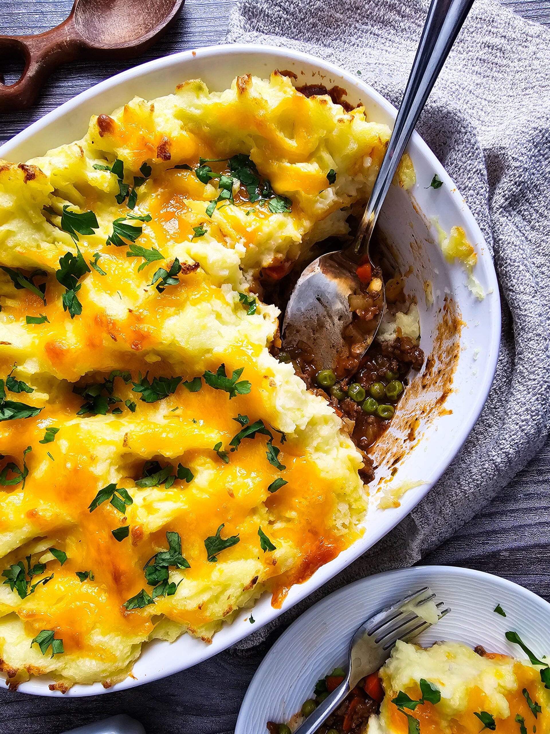 BAKE THE SHEPHERD'S PIE FOR 30 MINIUTES UNTIL WARM AND BUBBLY AND THE CHEESE IS MELTED.