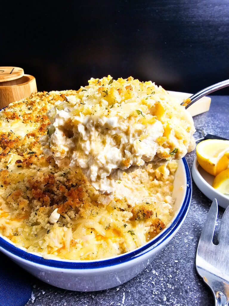 close up of creamy keto chicken casserole slice