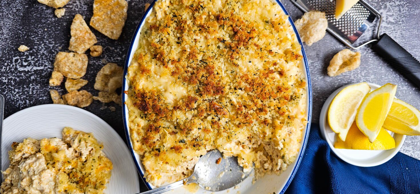 Creamy Low Carb Chicken Casserole with Pork Rind Topping (No Canned Soup)