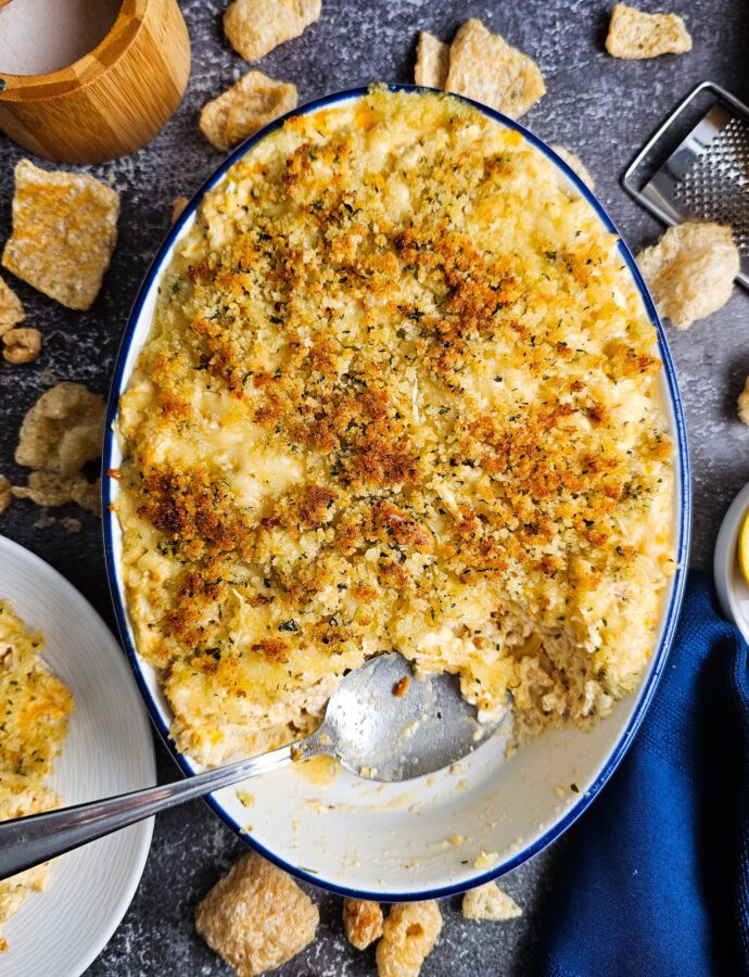 Creamy Low Carb Chicken Casserole with Pork Rind Topping (No Canned Soup)