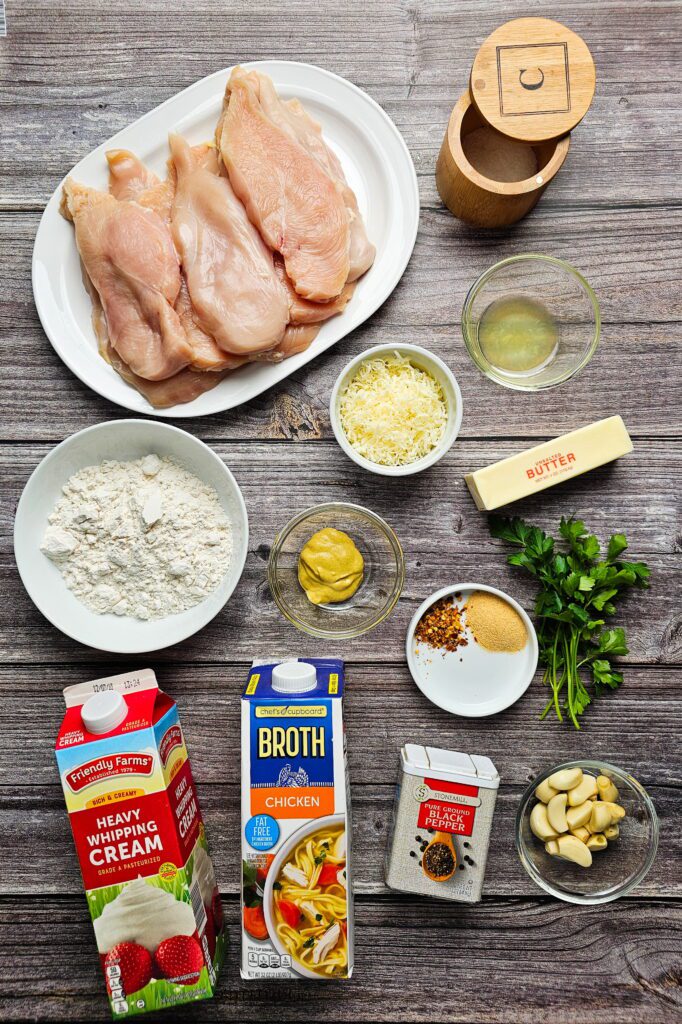 ingredients flat lay Restaurant style creamy garlic chicken skillet