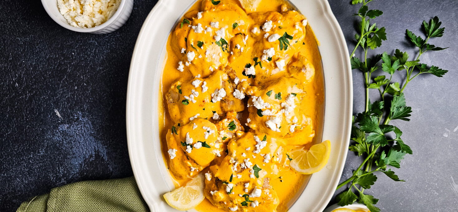 Roasted Red Pepper Chicken Thighs with Creamy Goat Cheese Sauce (Low Carb)