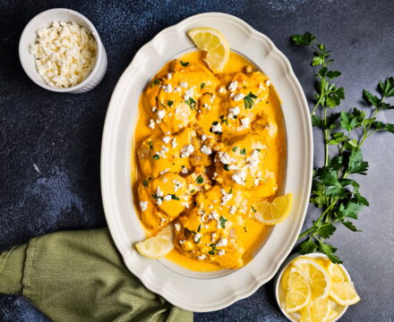 Roasted Red Pepper Chicken Thighs with Creamy Goat Cheese Sauce (Low Carb)