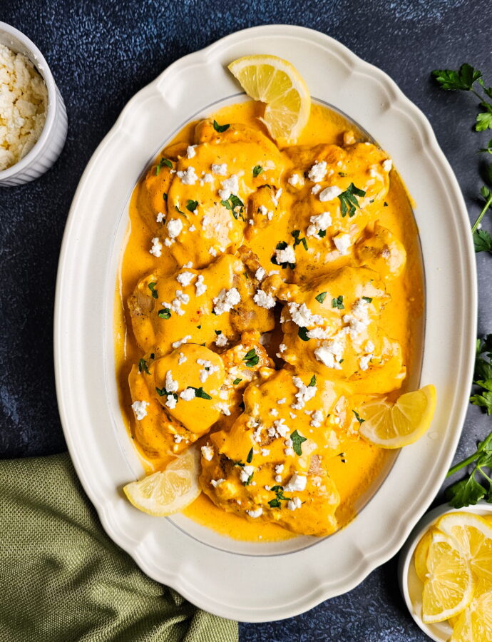Roasted Red Pepper Chicken Thighs with Creamy Goat Cheese Sauce (Low Carb)